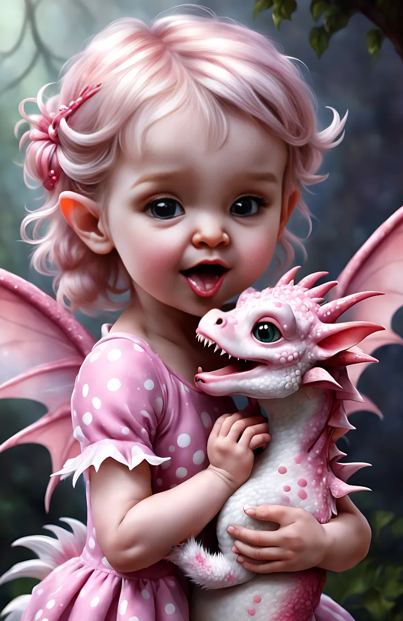 a painting of a little girl holding a pink dragon