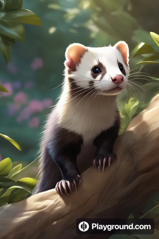 a painting of a ferret sitting on a tree branch