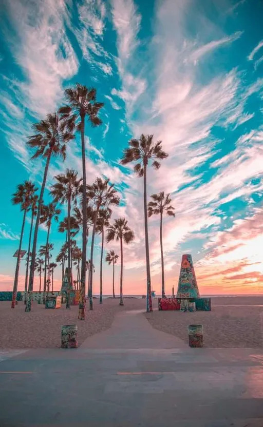 palm trees line the beach as the sun sets