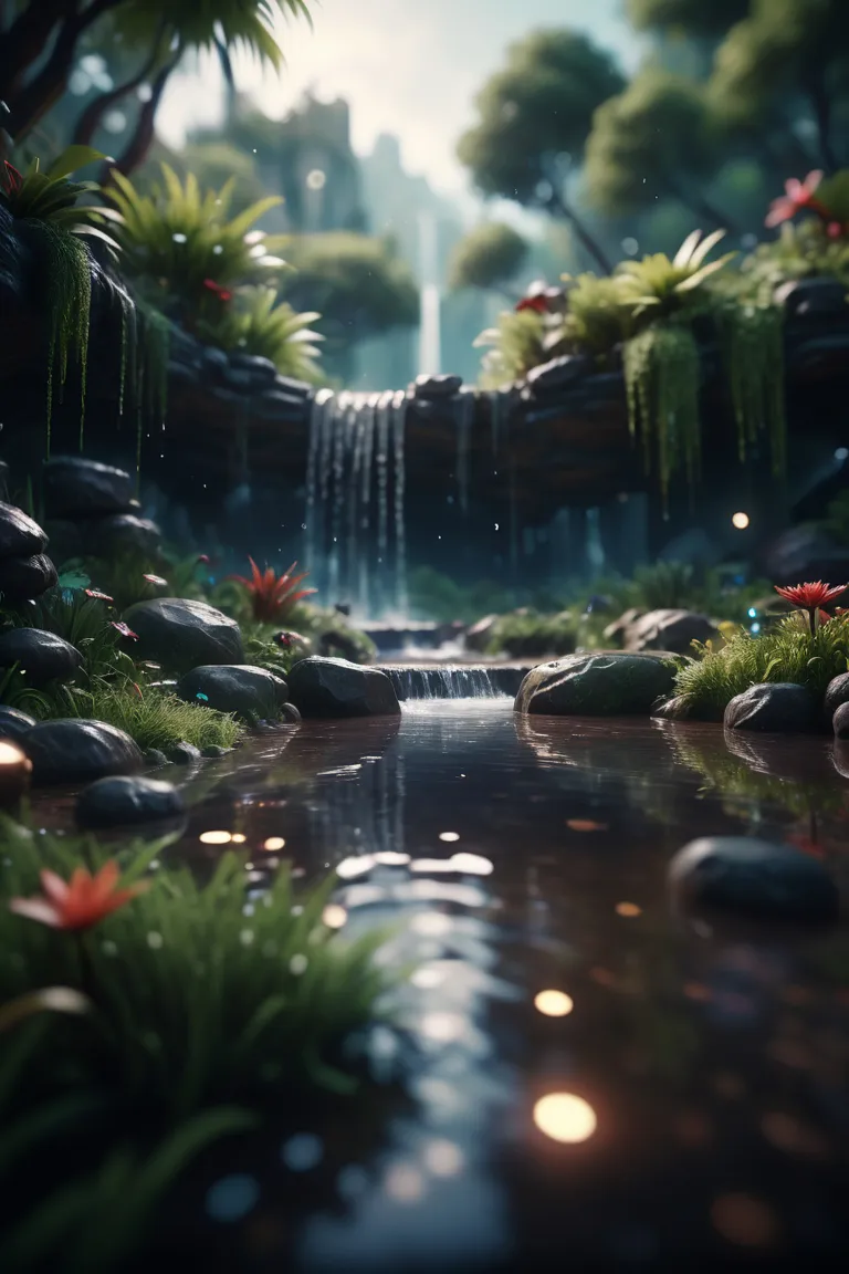 Waterfall with a stream of water surrounded by plants and rocks