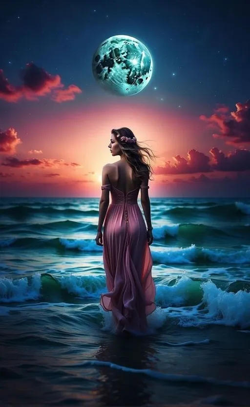 a woman standing in the ocean looking at the moon