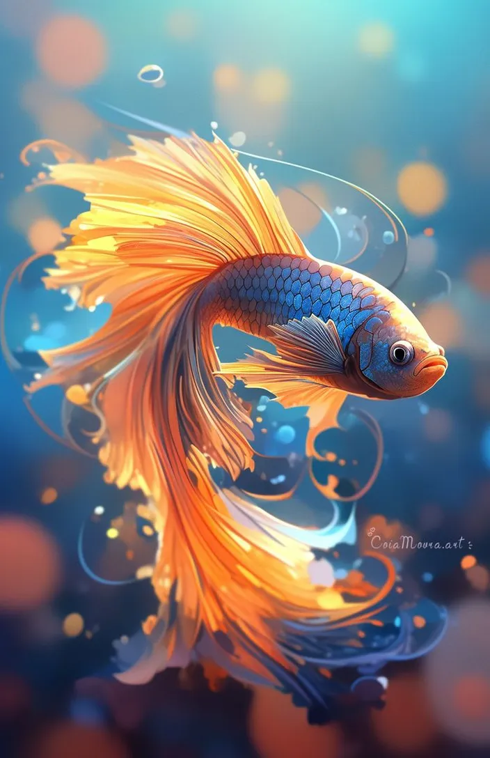 a painting of a goldfish with bubbles in the background