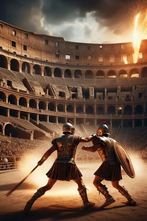 two men in roman armor fighting in a stadium