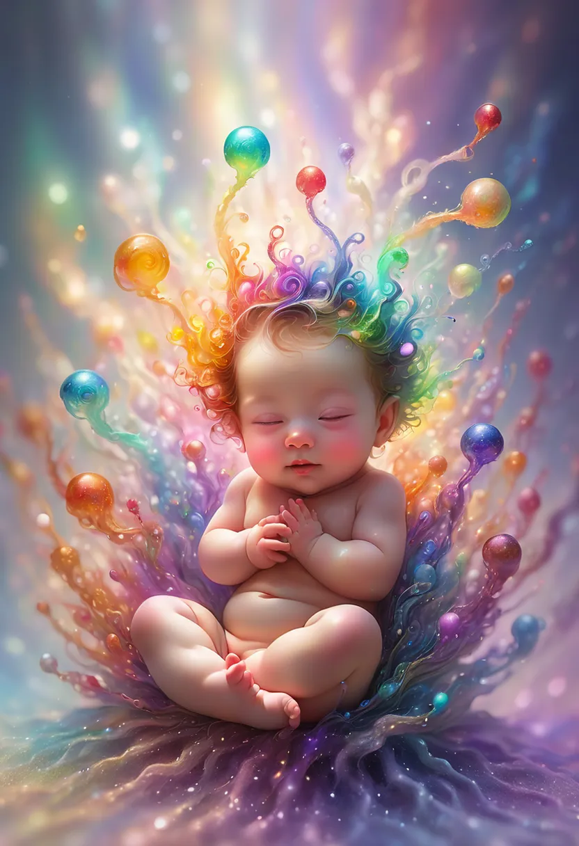 Oil painting of a contemplative baby surrounded by glimmering golden bubbles