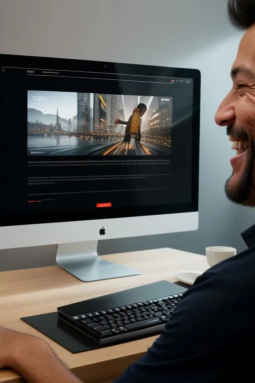 a man sitting in front of a computer smiling, happy with his website