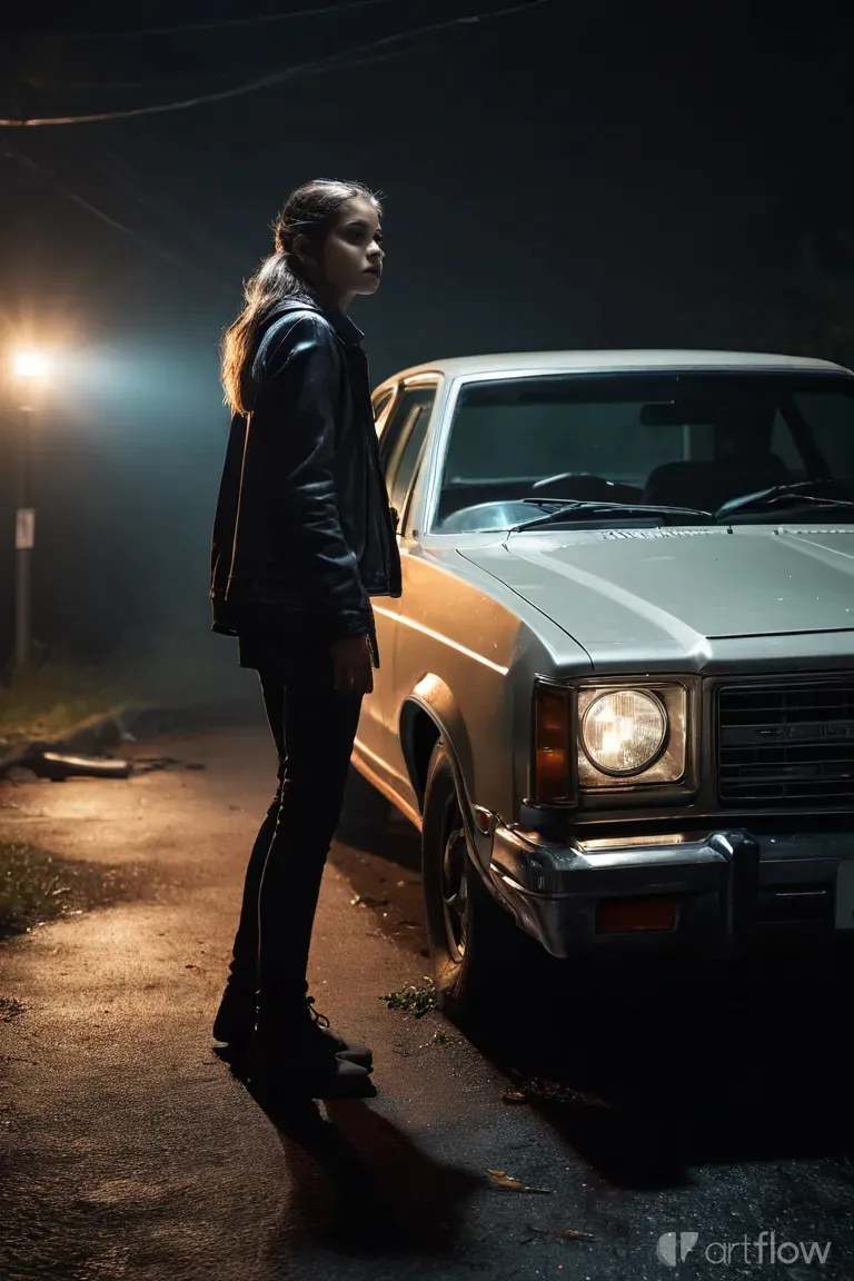 a woman standing next to a car in the dark