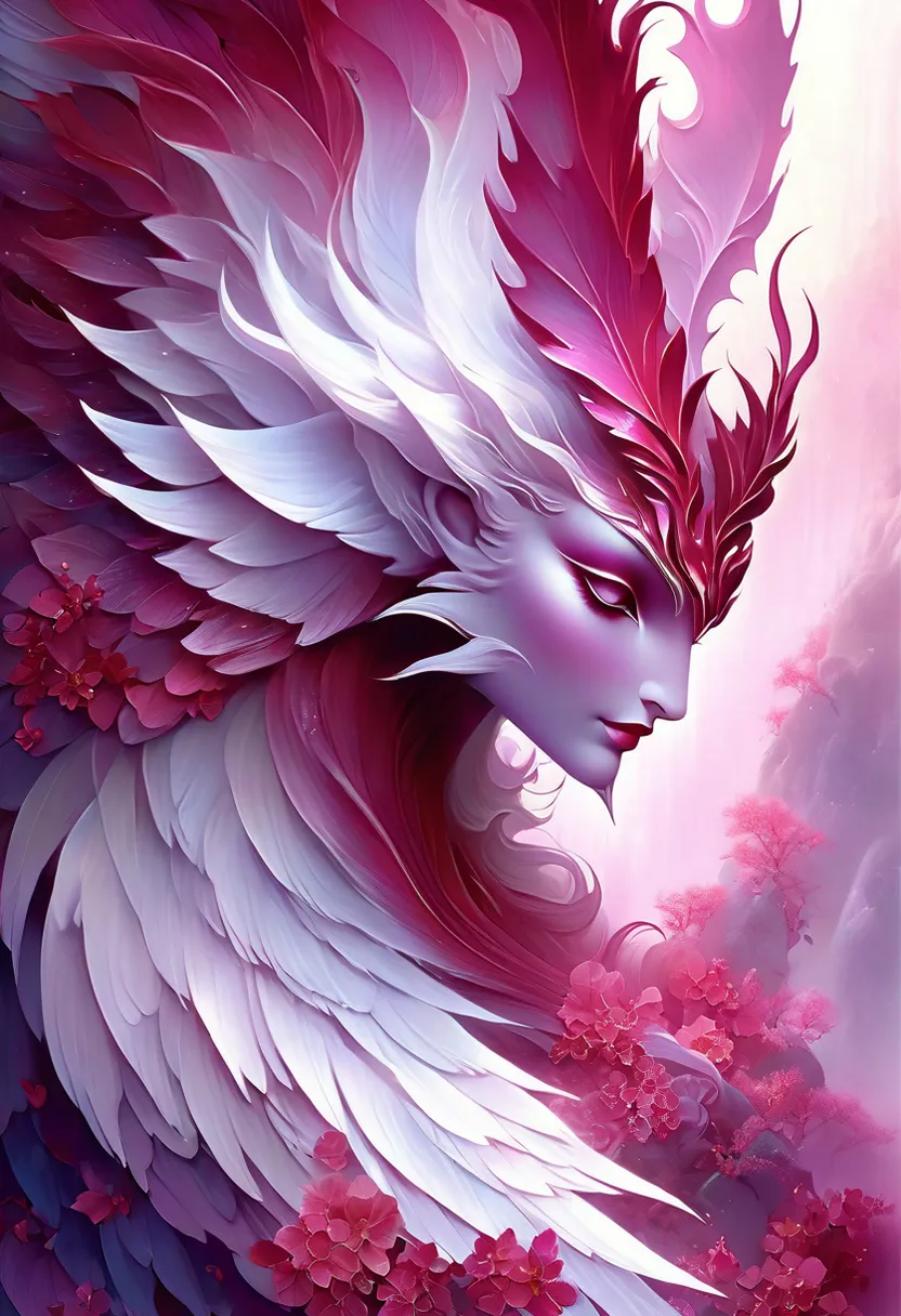 a painting of a woman with white and pink wings