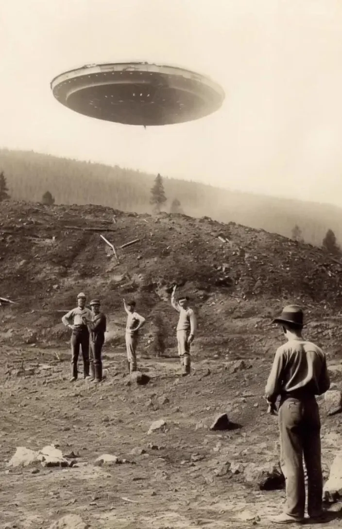 a group of men standing on top of a dirt field