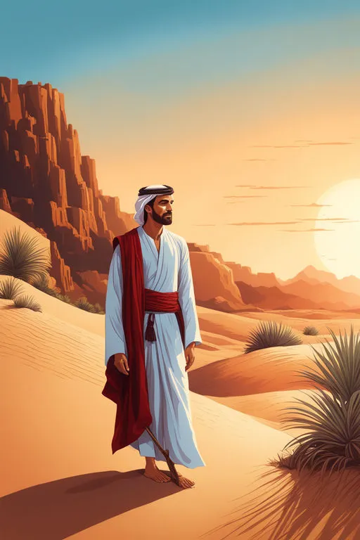 A man standing on top of sandy dunes, with a solitary tree in the foreground and golden hour light filtering through the sky