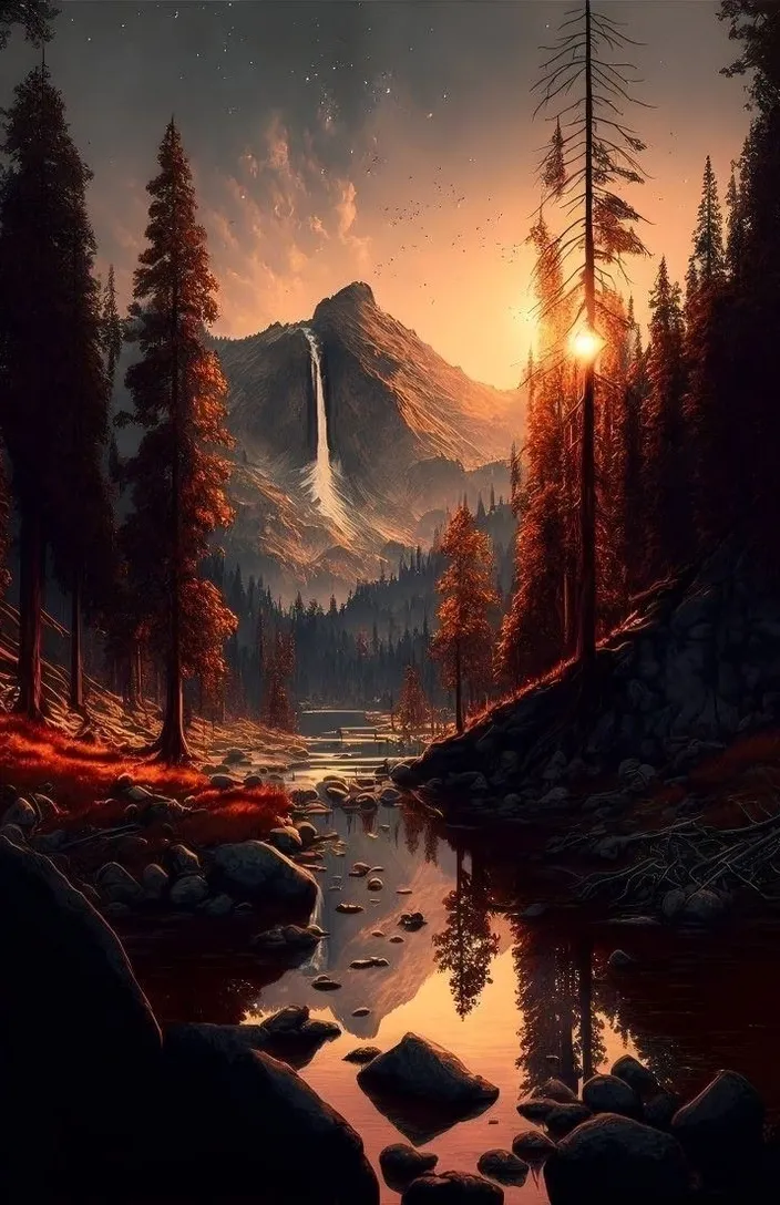 a painting of a mountain with a waterfall