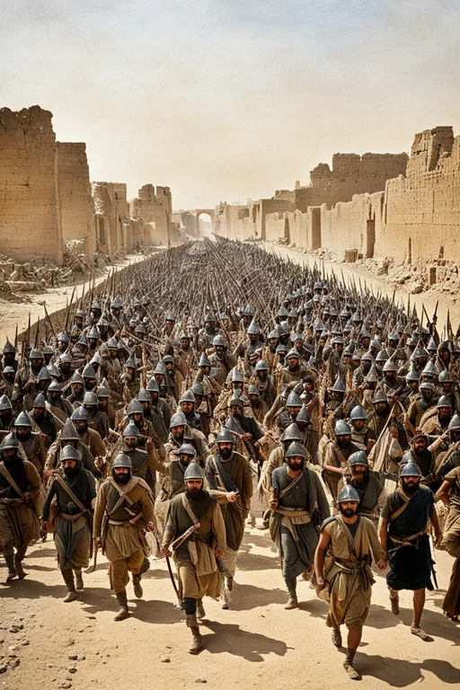 a large group of soldiers marching down a street