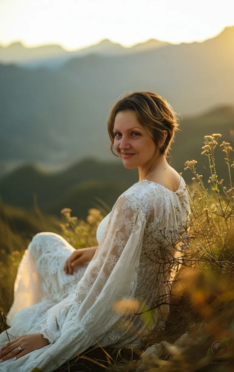 a woman in a white dress sitting on a hill