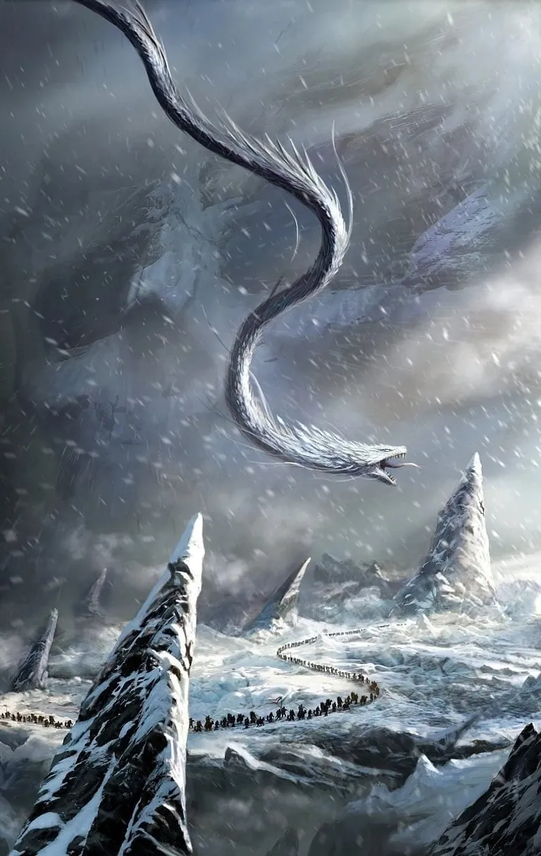 a dragon flying over a snowy mountain covered in snow