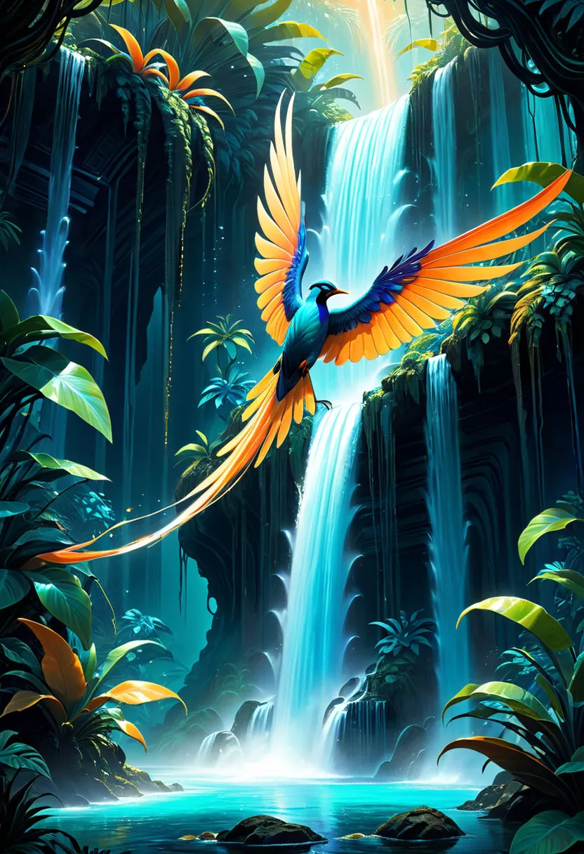 a painting of a bird flying over a waterfall