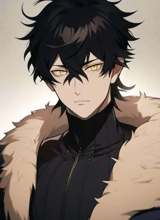 a man with black hair wearing a fur coat