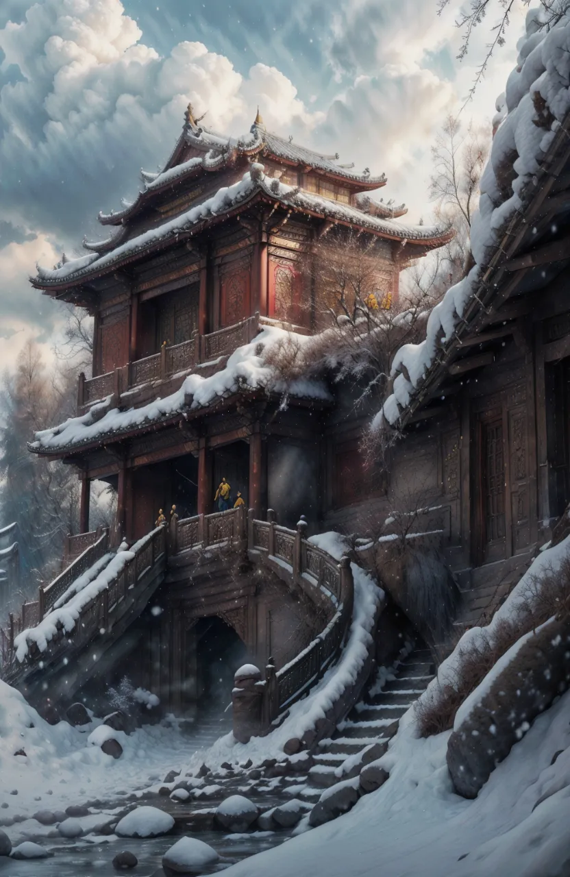a painting of a chinese building in the snow