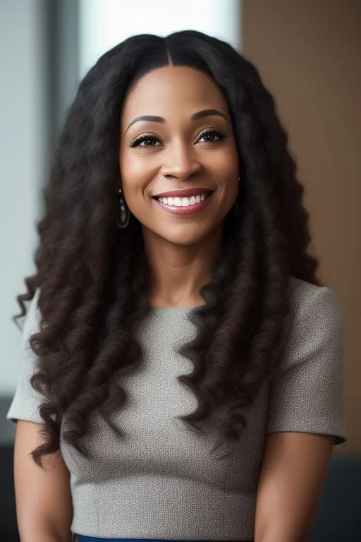 a woman with long hair smiling at the camera