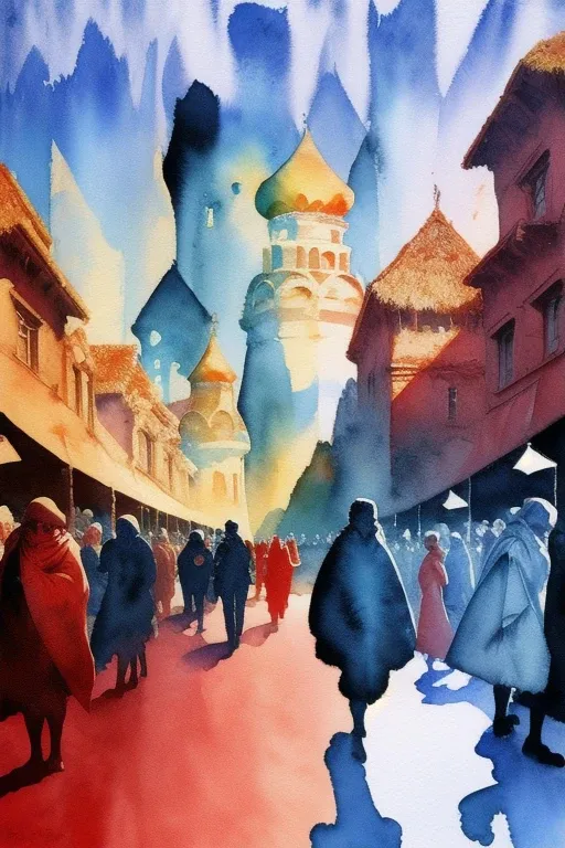 a painting of people walking down a street