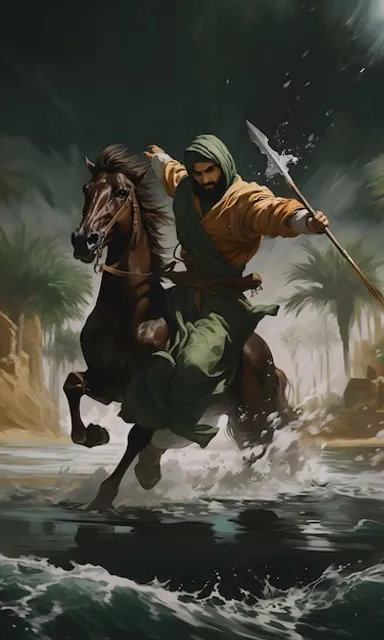 a painting of a man riding a horse across a river