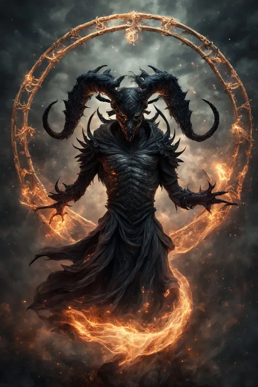 a demon standing in front of a ring of fire