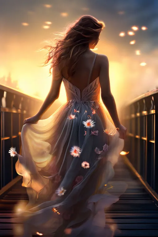 a woman in a dress walking down a bridge