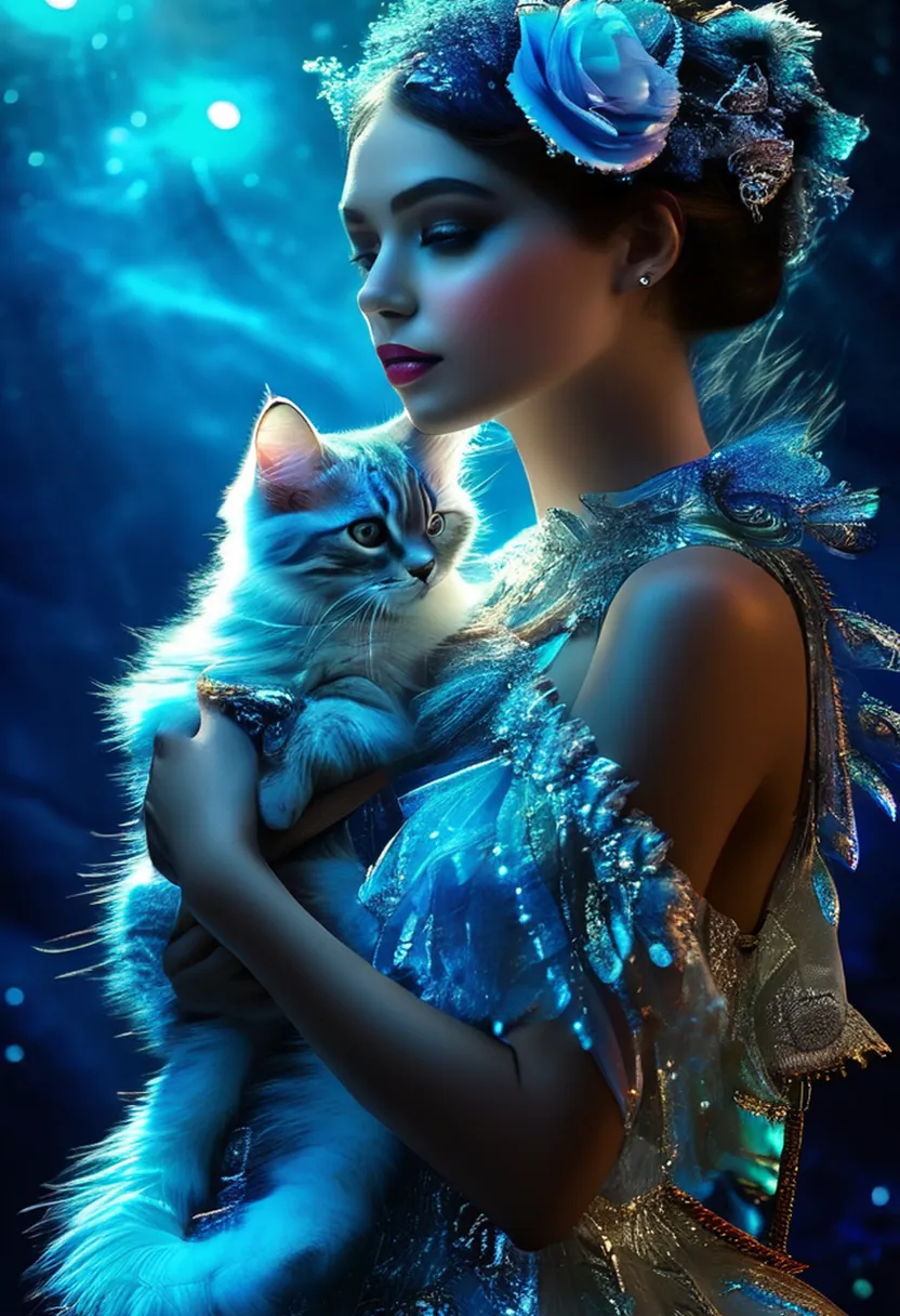 a woman in a blue dress holding a cat