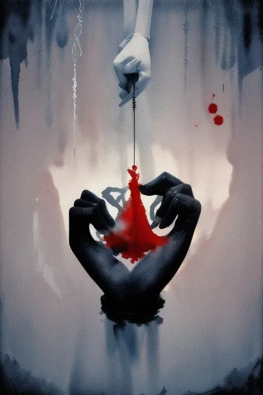 a painting of two hands holding a red object