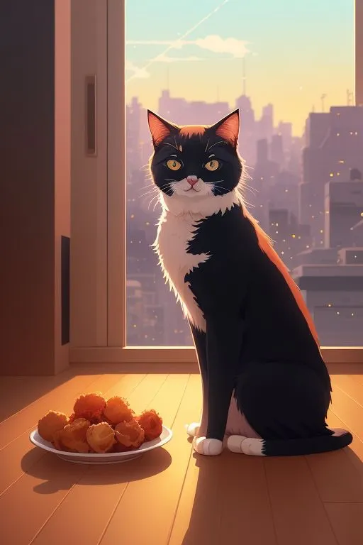 a black and white cat sitting next to a plate of food