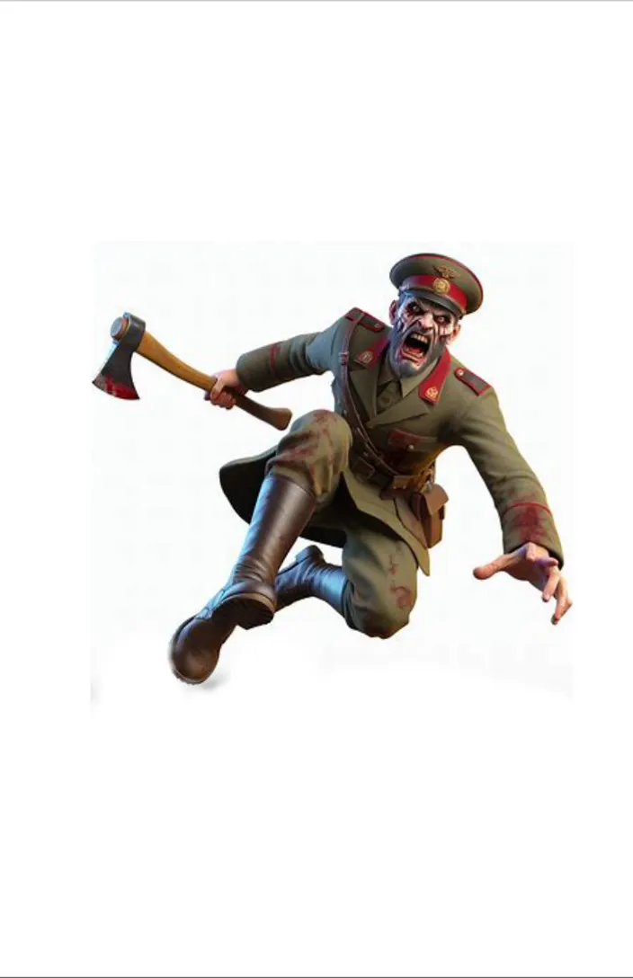 a man in a military uniform is flying through the air a man in a military uniform is  IT'S a zombie man with an angry face and hand keep the style and character movements of feet and hands only two feet and two hands ,Darker colors more similar to the image, the same as the face ax in hand Maintain appearance of the original 