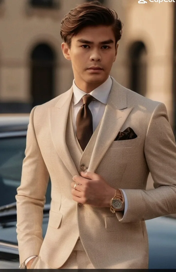 a man in a suit and tie standing in front of a car