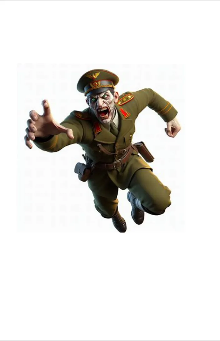 a man in a military uniform is flying through the air,IT'S a zombie man keep the style the darker colors and I only have two feet and two hands, try to keep the character in the image in a realistic 3d style Movements towards the same direction of your right hand 