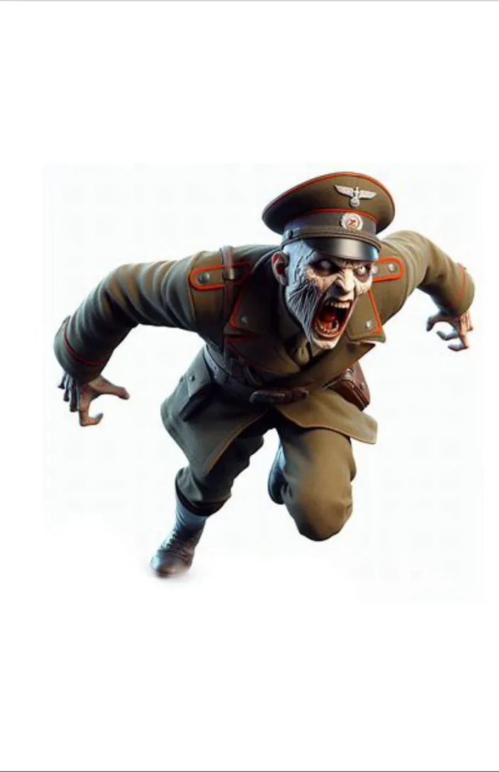 a man in a military uniform is flying through the air Maintain perfect appearance, color, tone, movement towards the same side, face, feet and hands, and fingers the same. Keep zombie face with zombie eyes  No reflections just the original figure 