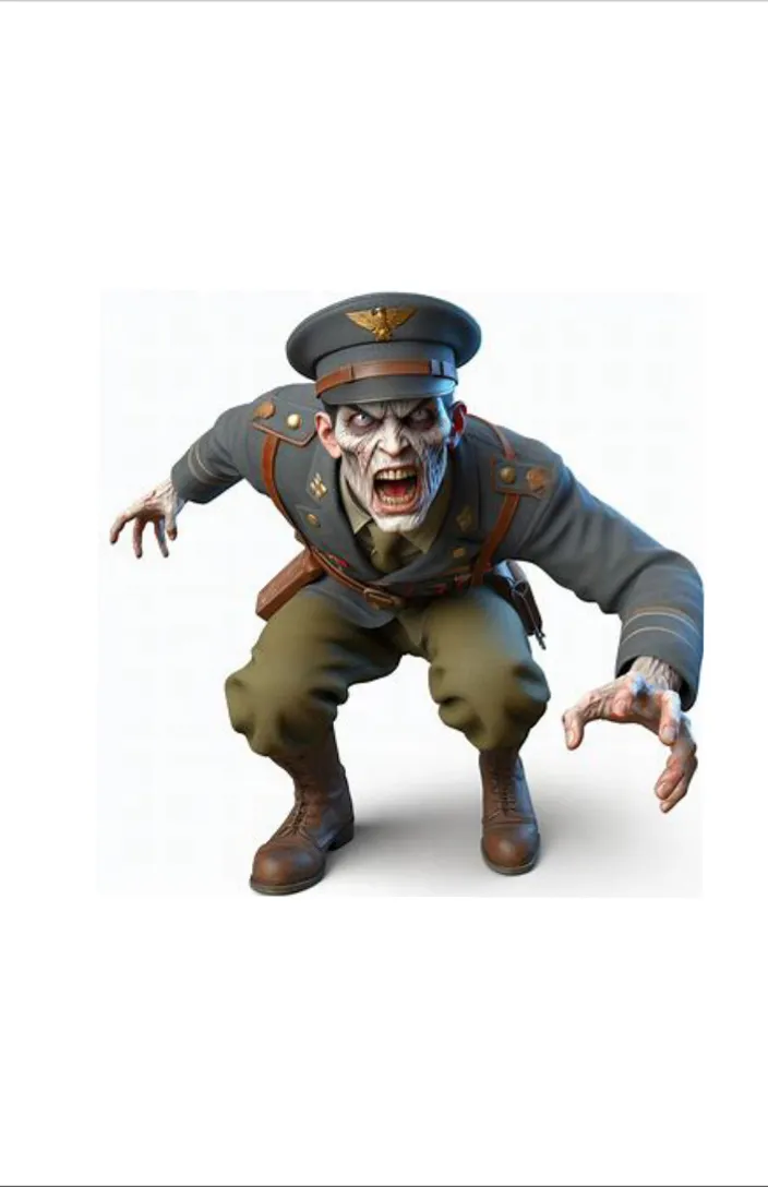 a man in a military uniform with his hands out Keep your angry zombie face, color and tones, match the original in everything IN attack position not defense ready to jump  