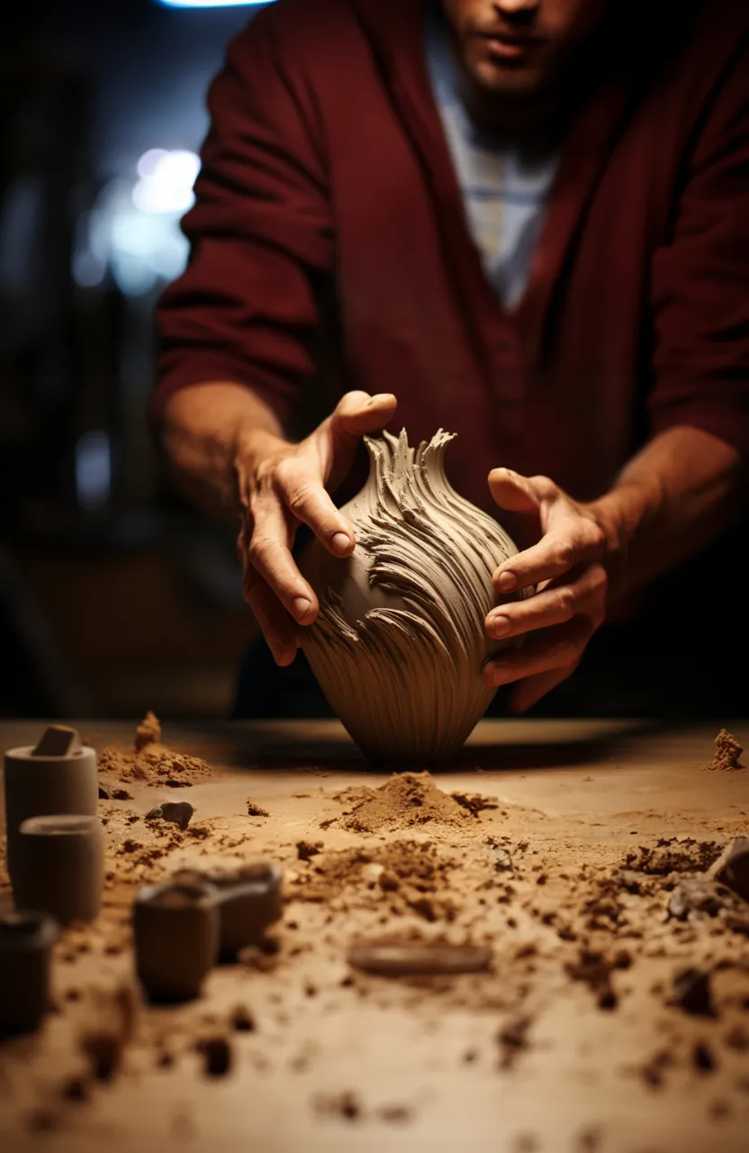 a man is making a vase, 35mm style, realistic photo, slow motion