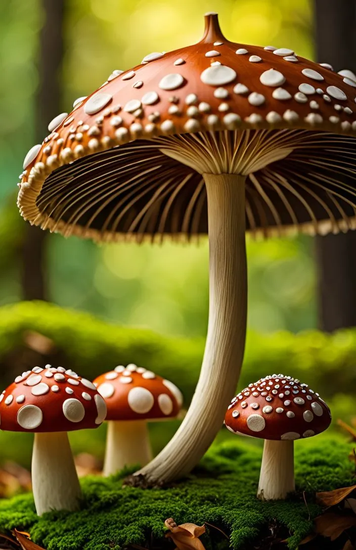 a group of mushrooms sitting on top of a lush green field