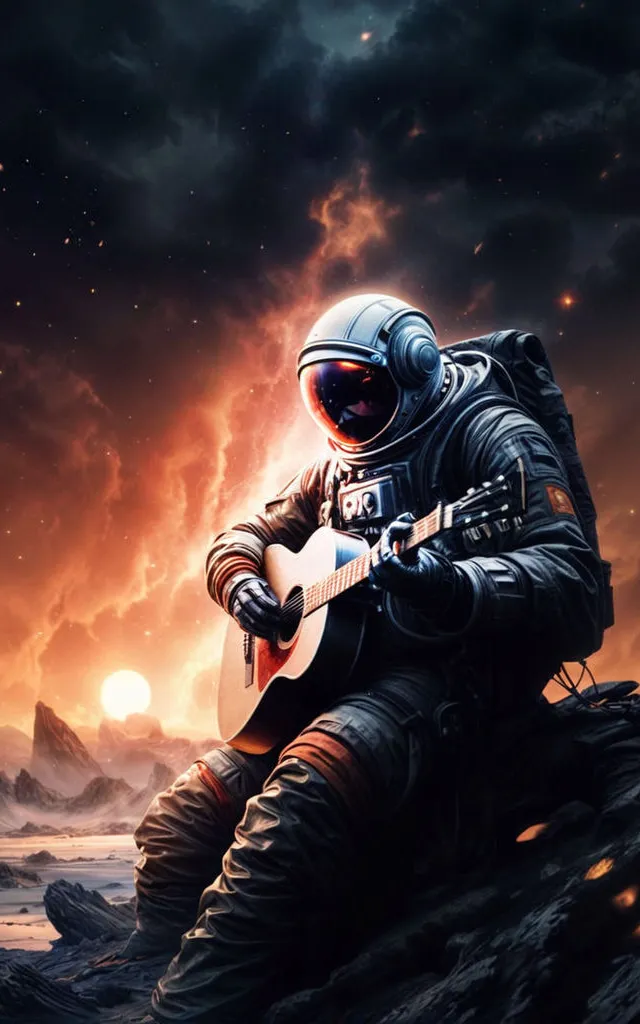 a man in a space suit playing a guitar