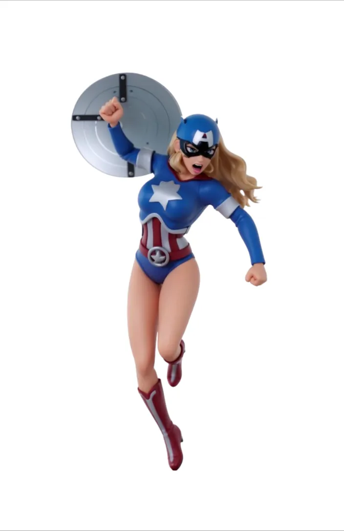  woman dressed as captain america Blonde hair blue eyes hand movement Angry sexy face screaming and more 3d style try to keep the image style and pose