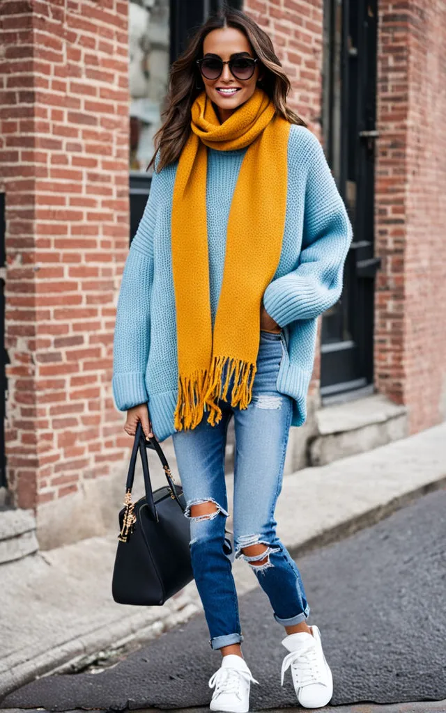 a woman wearing a blue sweater and yellow scarf