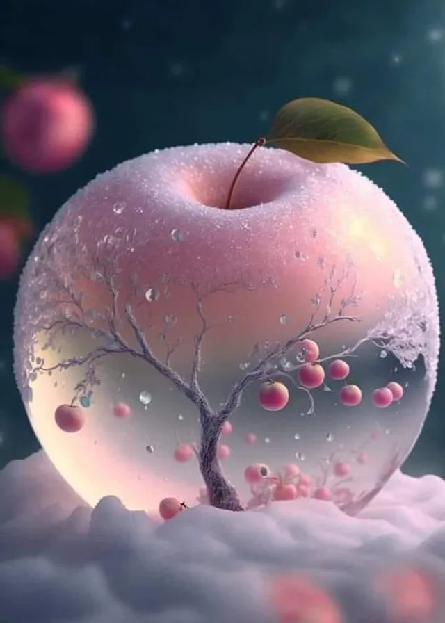 a painting of an apple with a tree inside of it