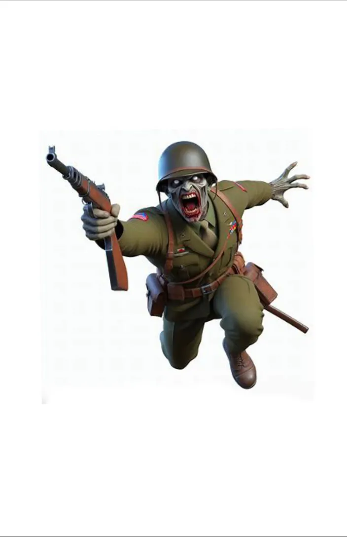 a man in a military uniform is flying through the air ,Preserve style, colors, movements towards the side of the character, face appearance, as much as possible and have two legs and two hands. Preserve face of angry zombie looking to the right ,The movement of the jump further to the right the more Nazi-style helmet 