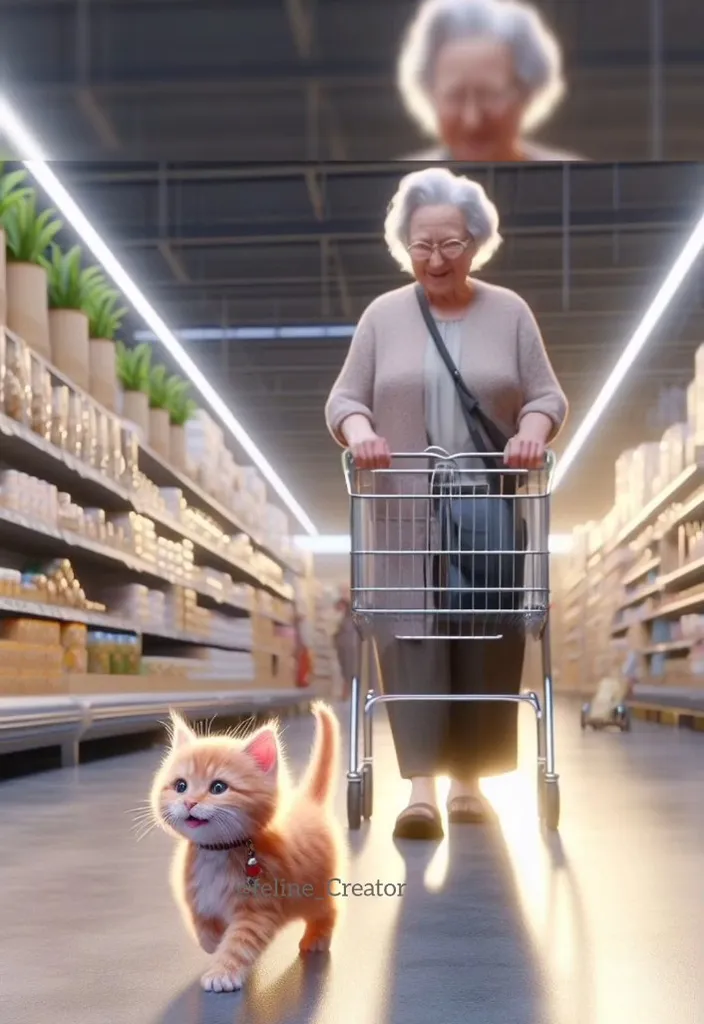 a woman pushing a shopping cart with a cat in it