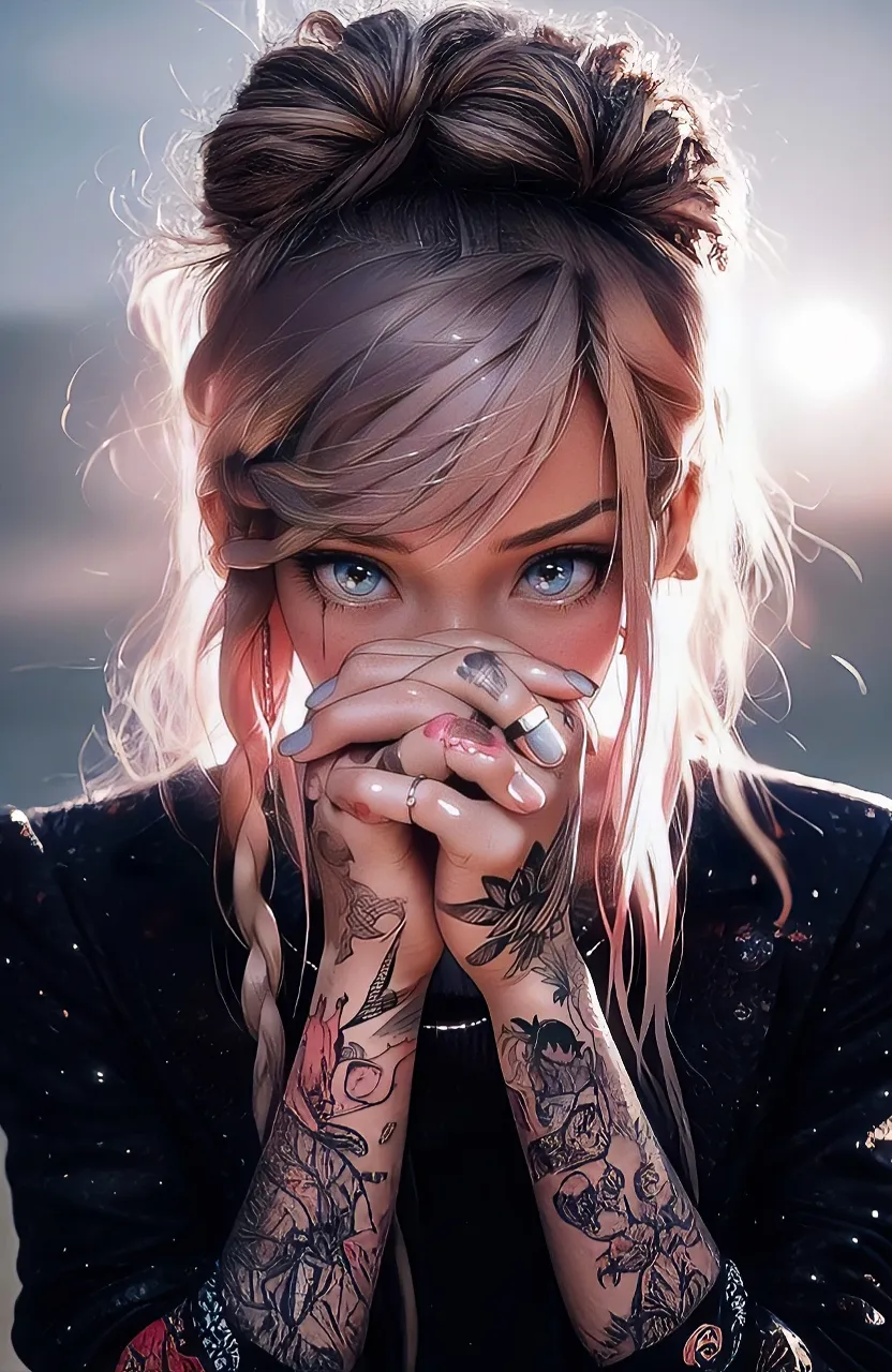 A woman with tattoos covering face, galaxy in her hair, holding the moon in her hands