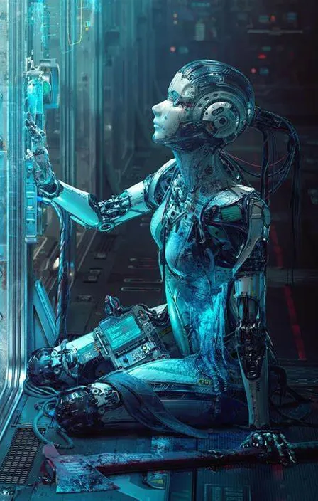 a woman in a futuristic suit sitting on the ground