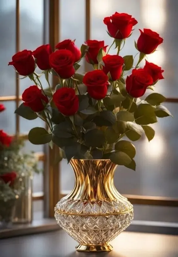 a vase filled with red roses on top of a table