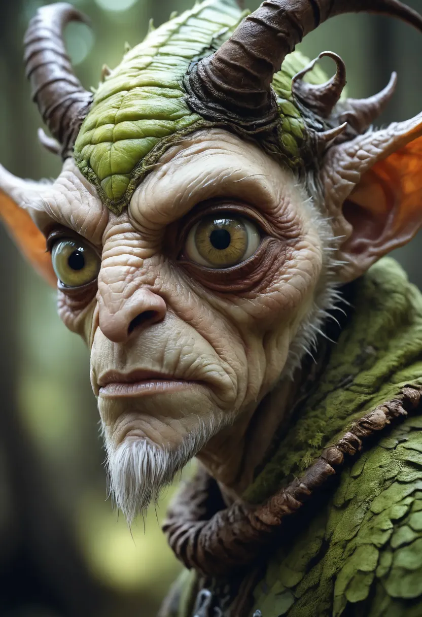 a close up of an elf with horns on his head