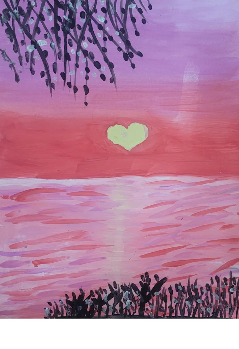 a painting of a sunset with a heart in the sky