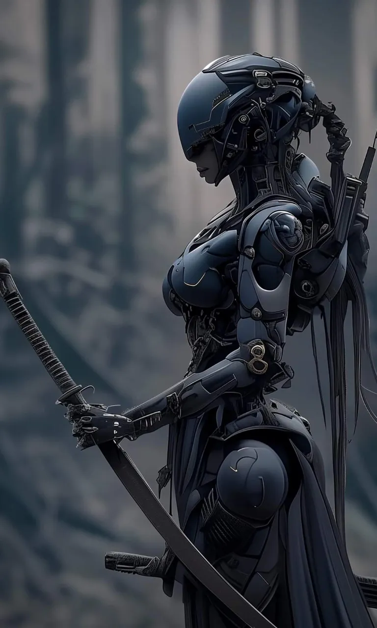 a woman in a futuristic suit holding a sword