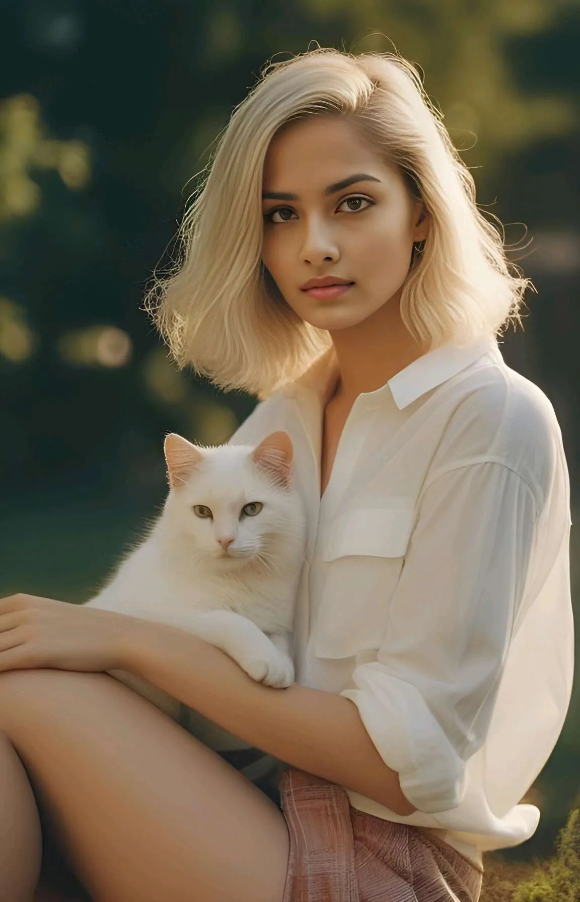 the girl smiling with pet  cat , advertising style