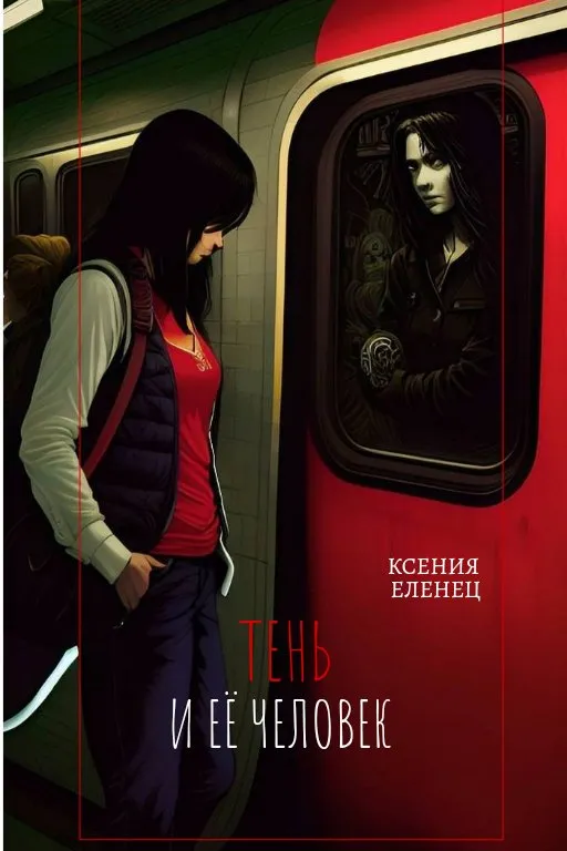 a woman standing next to a red train, there is a ghost outside the window