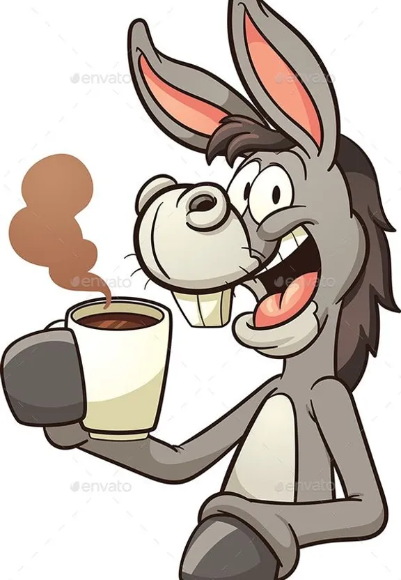 a cartoon rabbit holding a cup of coffee